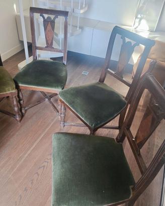 Set 4 Sedie d'Epoca in Legno e Velluto Verde