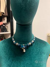 Parure collana bracciale blu turchese perle fiori