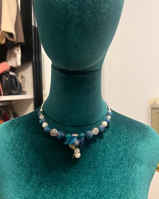 Parure collana bracciale blu turchese perle fiori