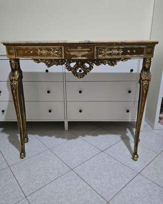 consolle dorata con piano in marmo e specchio