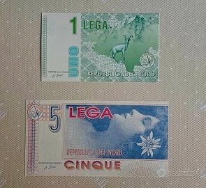 Banconote Lega Repubblica Nord 1 e 5 Lega