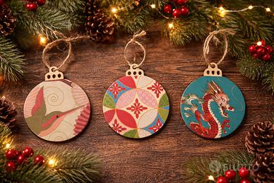 Set di 3 decorazioni Natalizie in legno stile giap