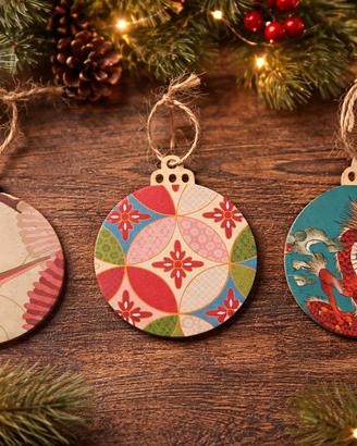 Set di 3 decorazioni Natalizie in legno stile giap