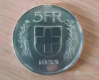 Moneta Svizzera 5 Franchi 1933