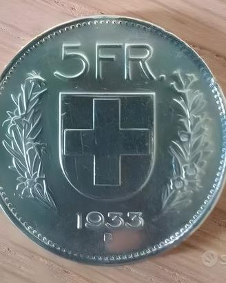 Moneta Svizzera 5 Franchi 1933