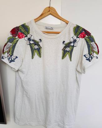 Maglietta zara bianca con inserto fiori ricamati