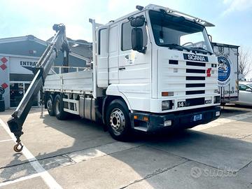 Scania r143m 6x2 400-cassone fisso+gru hiab 175/25