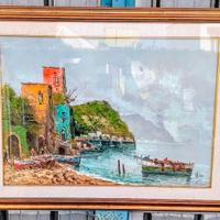 Quadro con Amalfi dipinto a mano su tela a olio.