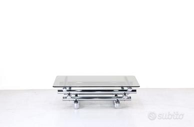 Tavolino in vetro fume e cromato impilato, anni 70