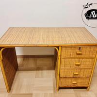 Scrivania vintage vimini bambù rattan e cassetti