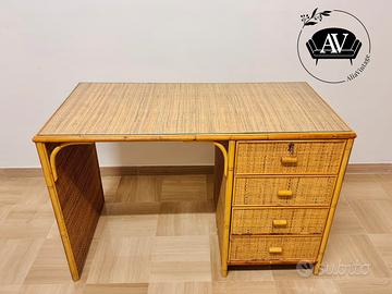 Scrivania vintage vimini bambù rattan e cassetti