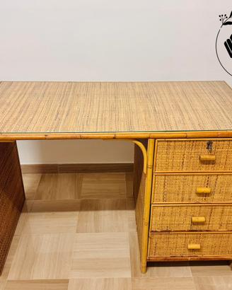 Scrivania vintage vimini bambù rattan e cassetti
