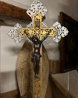 Croce Intarsiata In Legno Gesù Crocifisso metallo