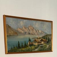 Vecchio dipinto montagne e lago  ad olio, firmato