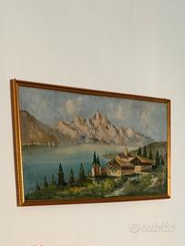 Vecchio dipinto montagne e lago  ad olio, firmato