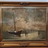 Dipinto - Marina con barca al tramonto 