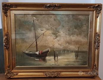 Dipinto - Marina con barca al tramonto 