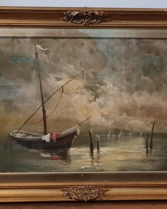 Dipinto - Marina con barca al tramonto 