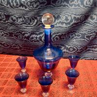 Decanter E 5 Bicchierini Cristallo Blu Cobalto Ann