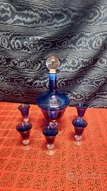 Decanter E 5 Bicchierini Cristallo Blu Cobalto Ann