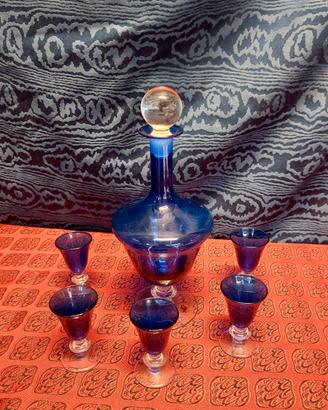 Decanter E 5 Bicchierini Cristallo Blu Cobalto Ann