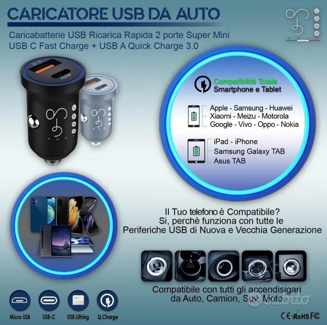 Caricabatterie Auto USB Ricarica Rapida Cellulare Accendisigari 2 Porte 