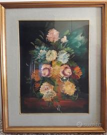 Quadro dipinto su tela con vaso di fiori colorati