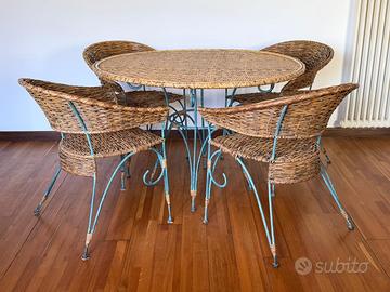 set tavolo rotondo 4 sedie rattan e ferro battuto