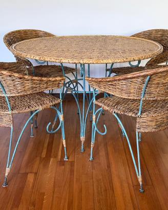 set tavolo rotondo 4 sedie rattan e ferro battuto