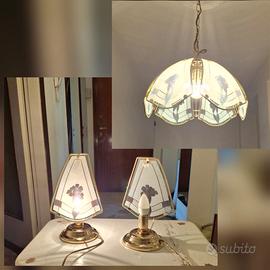 Set Lampadario + 2 abat-jour vintage in vetro