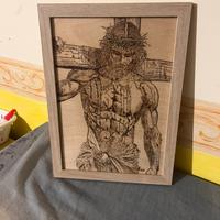 Pirografia su legno Jesus nó laser!Particolare