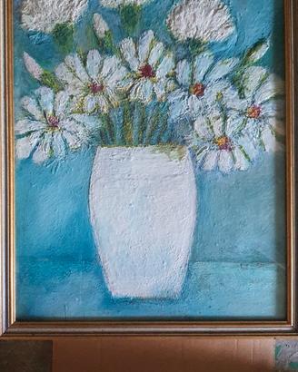 quadro dipinto a olio vaso margherite bianche