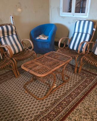 set salotto in vimini rattan anni 70 4 sedie tavol