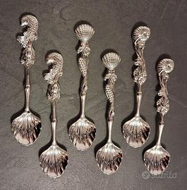 6 cucchiaini decorazioni marine in acciaio argento