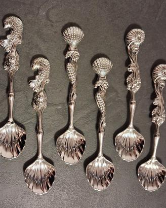 6 cucchiaini decorazioni marine in acciaio argento