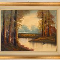 Quadro ad olio, paesaggio con alberi