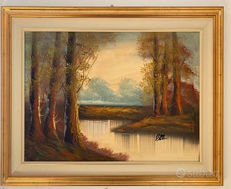 Quadro ad olio, paesaggio con alberi