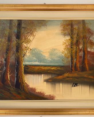 Quadro ad olio, paesaggio con alberi