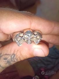 Anello argento 925 triple skull biker gotich vinta