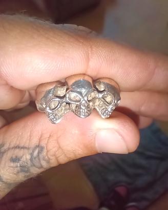 Anello argento 925 triple skull biker gotich vinta