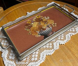 Vassoio Vintage con Fiori Essiccati Sotto Vetro