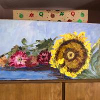 Quadro girasole e altri fiori colori ad olio