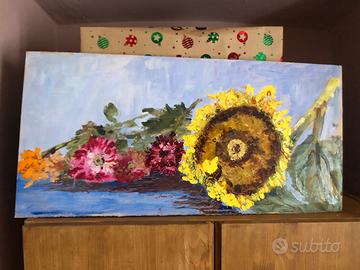Quadro girasole e altri fiori colori ad olio