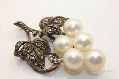 Spilla anni 30 argento marcasite perle