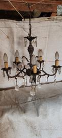 Lampadario vintage in ottone a 5 luci con gocce