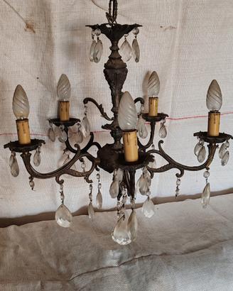 Lampadario vintage in ottone a 5 luci con gocce