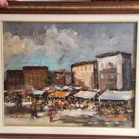 quadro veduta mercato con bancarelle