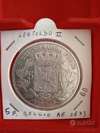 moneta 5 franchi Belgio Leopoldo 2° argento 