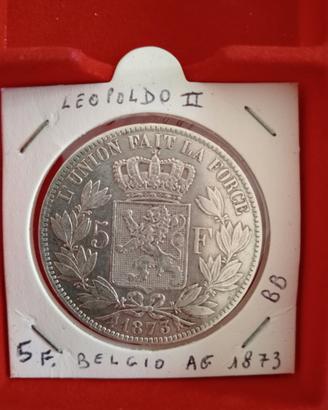 moneta 5 franchi Belgio Leopoldo 2° argento 