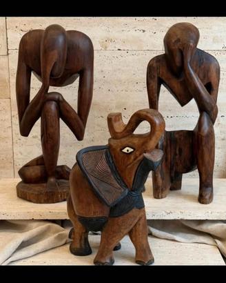 Set 3 statue legno artigianale 